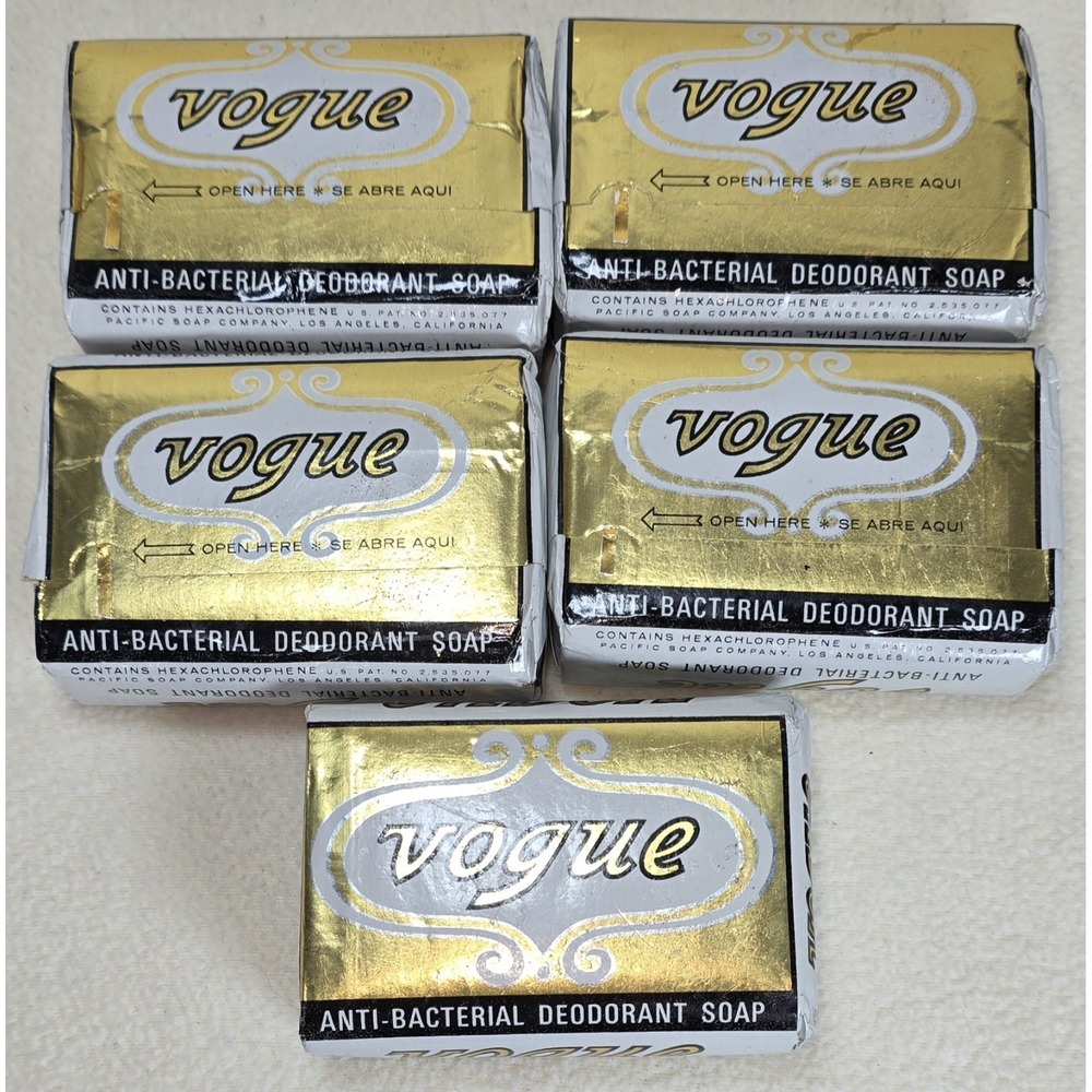 5 Vintage VOGUE Anti-bacterial Deodorant Soap Bars 1976‎ Pacific Soap Gold Prop